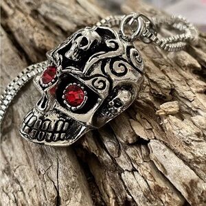 Biker Stainless Steel Skull Hot Rod Necklace Ruby Red Zirconia Jeweled Eyes USA